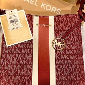 Michael Kors Jet Set Women Small Signature Logo Stripe Crossbody Bag Cherry Red